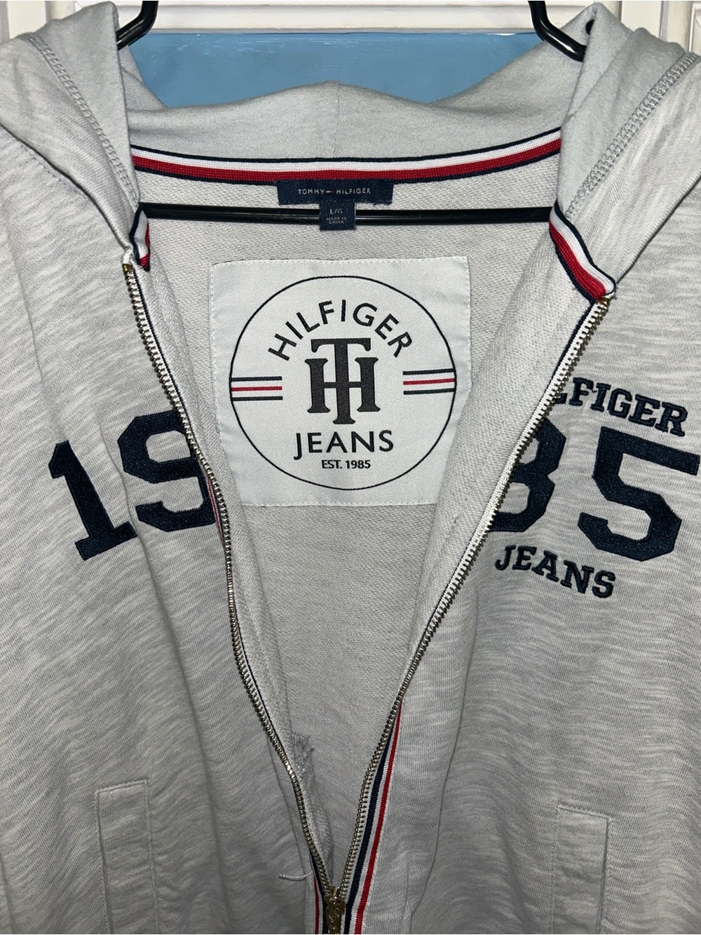 Tommy Hilfiger Light Gray Hoodie with Navy Numbering and Red-White-Blue Trim - Picture 3 of 8